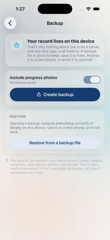 iPhone: Home → profile → You → Backup & restore opens Backup. Restore replaces the local record; this is not web synchronization.