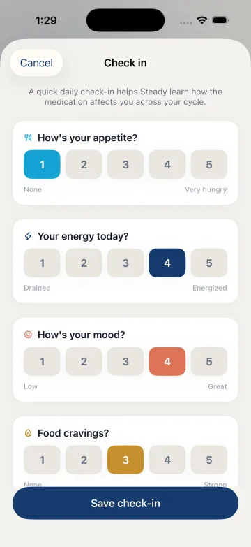 iPhone: + → Daily check-in opens Check in, with separate appetite, energy, mood and craving ratings.