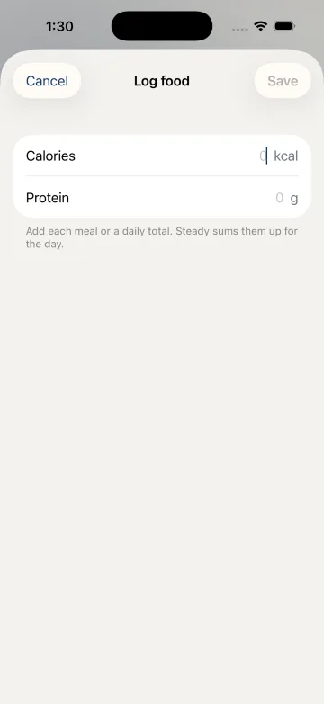 iPhone: + → Log food. Enter calories and protein as numbers; each saved entry adds to the day's totals.