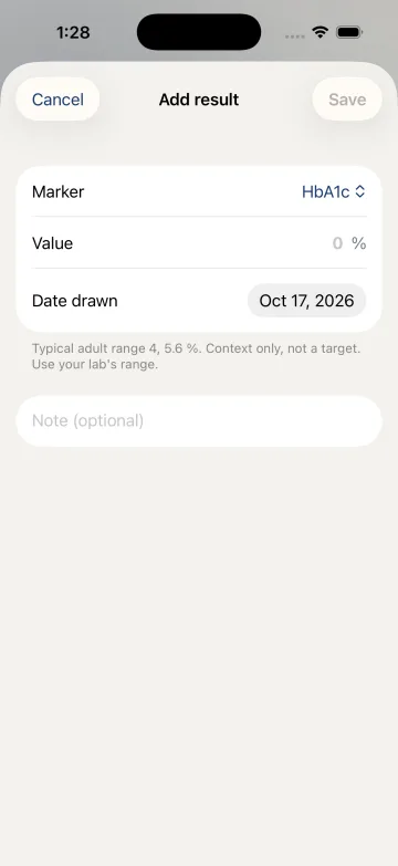 iPhone: Track → Bloodwork → Or enter one by hand opens Add result, with marker, value, unit and date.
