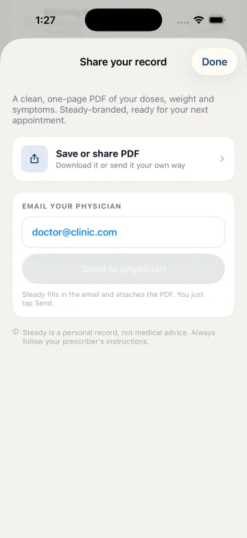 iPhone: You → Export PDF opens Share your record. Save or share PDF opens the system share sheet. The email field shown is a placeholder.
