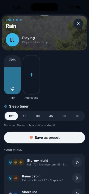 iPhone: Soundscapes → now-playing row opens Your mix, with sound levels, Sleep timer and Save as preset.