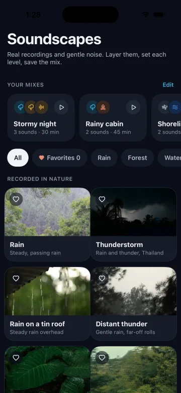iPhone: Track → Sleep Center → Sound library opens Soundscapes. Tap a sound tile to add it to a mix.