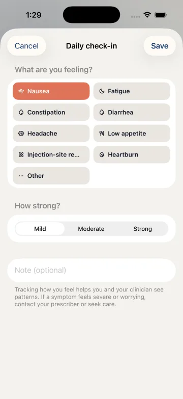 iPhone: + → Log a symptom. This symptom form is currently titled Daily check-in; choose a symptom and severity here.