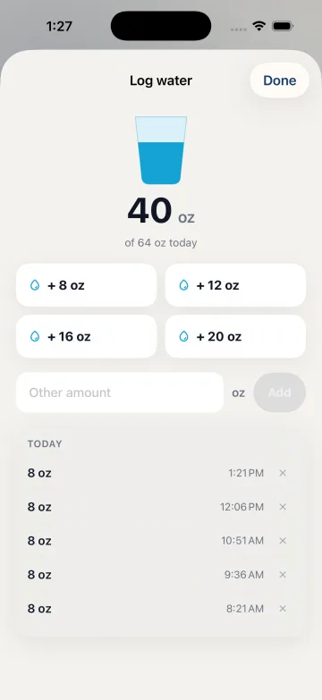 iPhone: Track → Water → Log water. Preset amounts, Other amount and the Today list share this sheet.