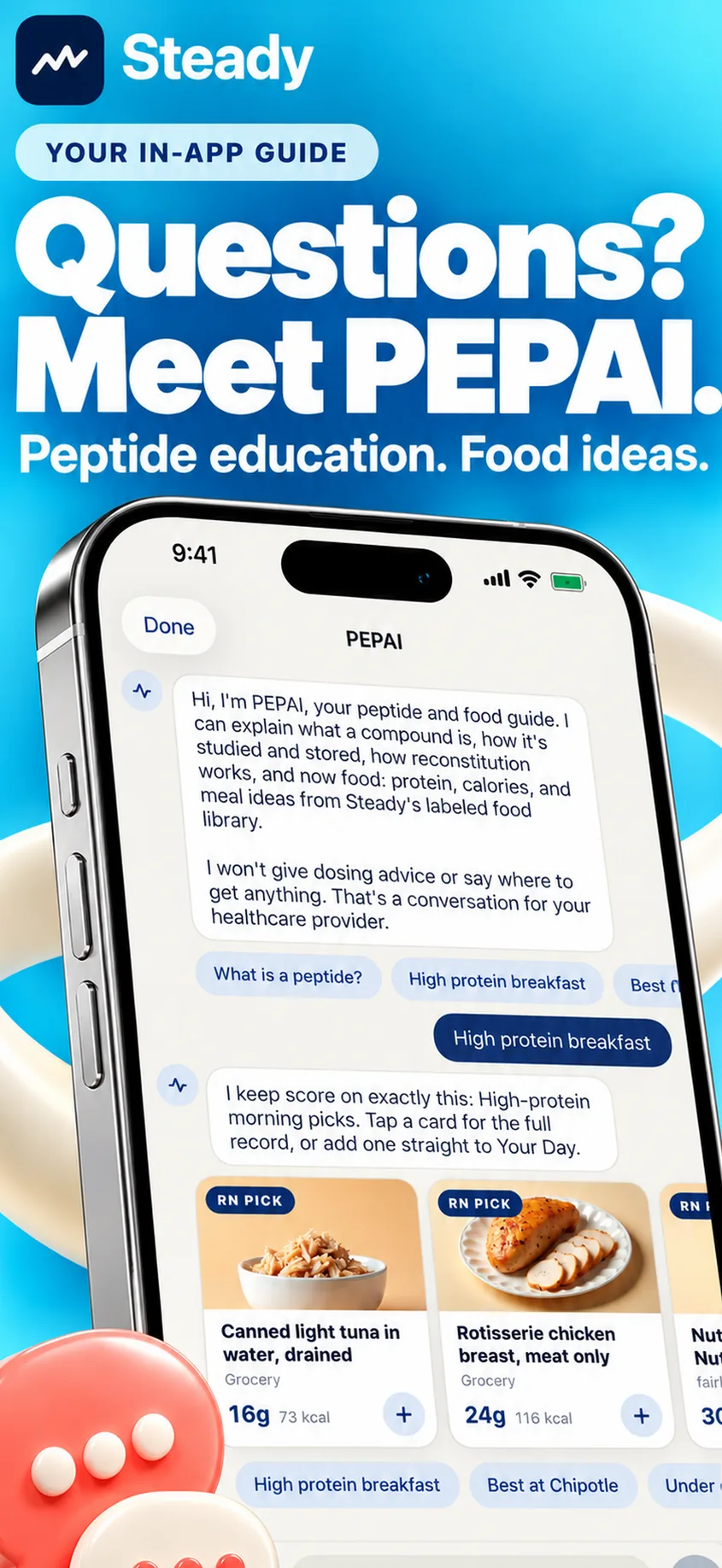 PEPAI answers peptide questions and suggests high-protein food ideas